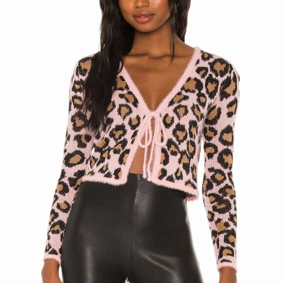Superdown Marsha Pink & Black Leopard Front Tie Cardigan - Picture 1 of 9